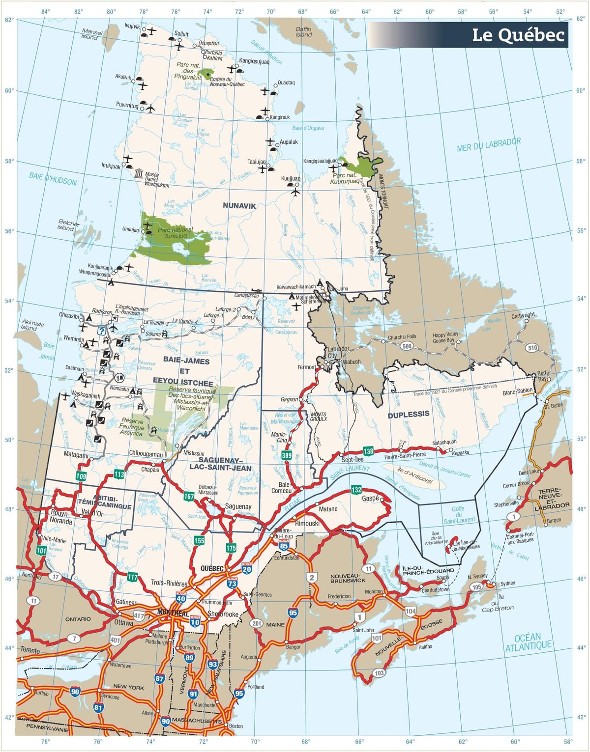 Kort af veginum Quebec kanada